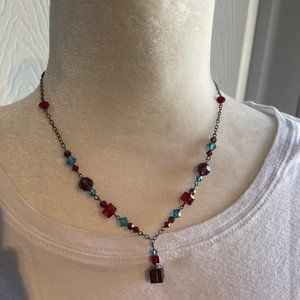 Emily Ray Sterling Silver Red & Blue Crystal Necklace Elegant Classy EUC